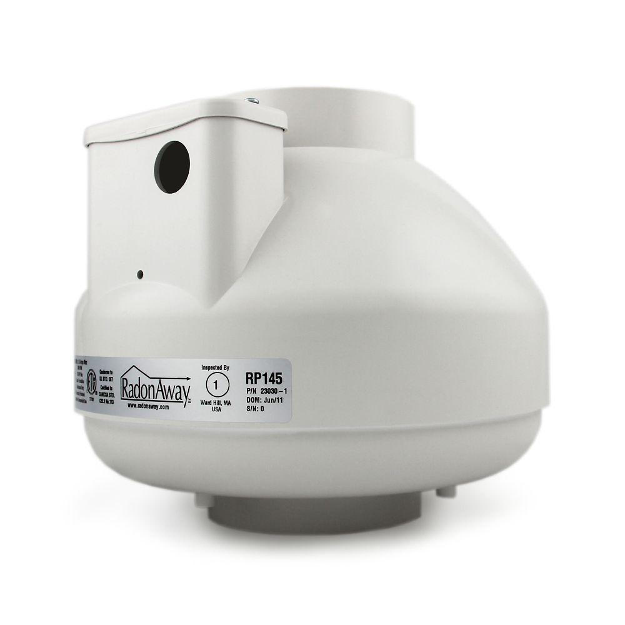 RadonAway, 4in., 168 CFM Radon Mitigation Fan, Drive Type Direct, Fan Diameter 4 in, Air Delivery 168 cfm, Model# RP145C